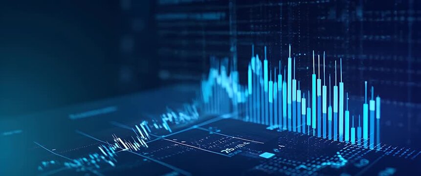 Dynamic stock market data visualizations animate across a digital screen, as the camera slowly pans, creating a futuristic, cinematic experience with glowing neon highlights and financial analytics.