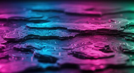 Metallic surface depicting abstract circuit board patterns under vibrant neon lighting