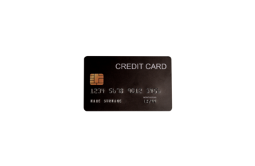 Top view of a credit card with gold chip and silver embossed numbers isolated on white background. Generic mockup template for banking, finance, and shopping concepts.