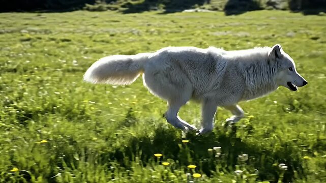 Majestic white wolf in a vibrant green field, running and howling.