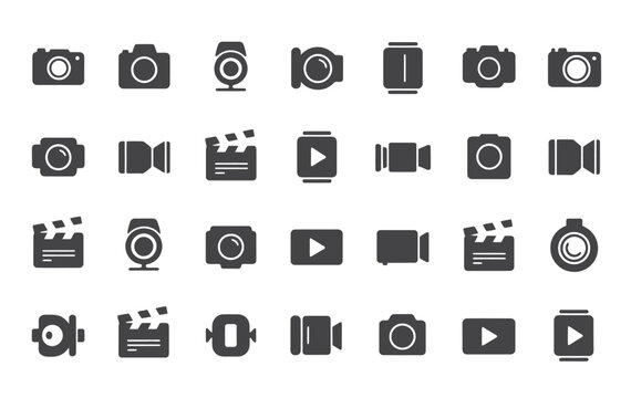 vector illustration of photo and video icons, photography, image, photo gallery, video camera, photo camera and diaphragm symbols, flat minimal design for web and apps.