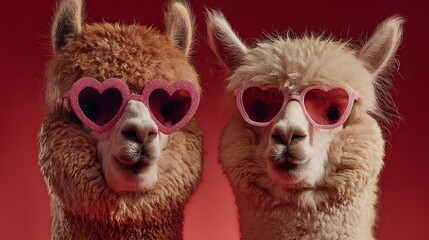Obraz premium Two alpacas wearing pink heart-shaped sunglasses, funny animals and Valentine’s Day concept