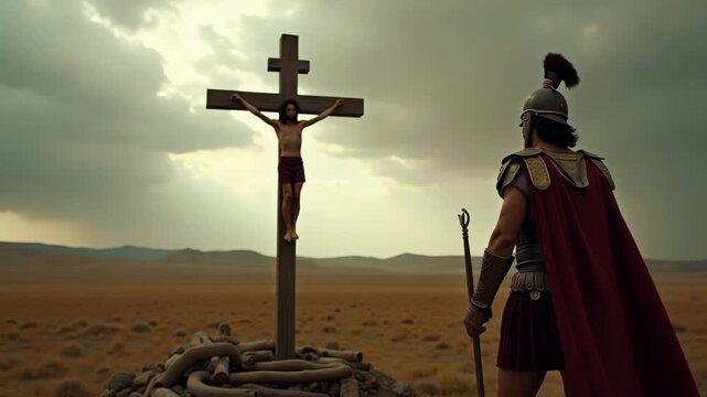 Crucified man with dramatic mood on cross with soldier, desert background, None concept