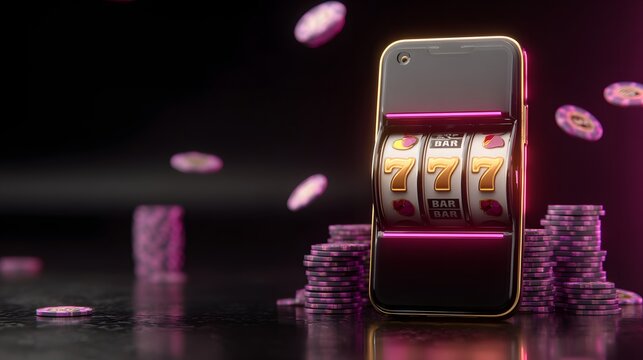 Smartphone stylized as slot machine with 777 symbols and coins, online gambling and jackpot concept