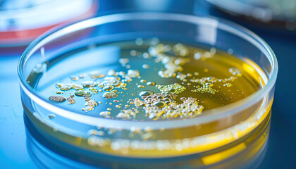 Petri dish with visible bacterial colonies, pharmaceutical research and drug discovery, science