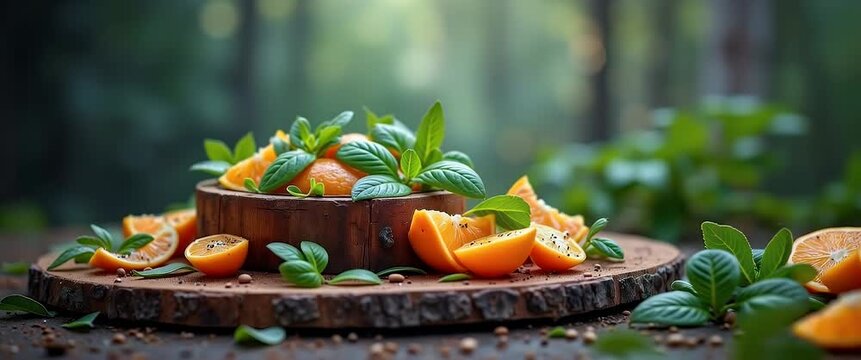 Fresh citrus fruits and mint leaves artfully arranged on a rustic wooden platter in a serene forest setting, with gentle breeze swaying leaves and a slow cinematic pan capturing the vibrant scene.