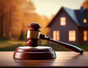 a gavel rests on a wooden base with a blurred house silhouette in the background symbolizing justice and legal matters in real estate