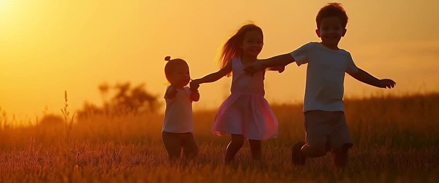 Children frolic in a sunlit meadow, hands linked, as the camera gently pans across the golden landscape, capturing the joyful motion in a warm, cinematic scene ideal for family-themed projects.