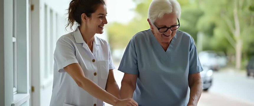 Elderly woman assisted by a caregiver walks with a walker in a serene healthcare setting, as the camera gently pans, capturing the warm, supportive environment in a cinematic style.