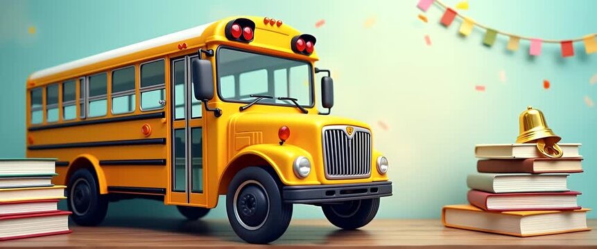 Photo realistic as School Bus with Books and Bell concept as A school bus with a stack of books and a school bell set against a whimsical background offering ample space for text or graphics symbolizi