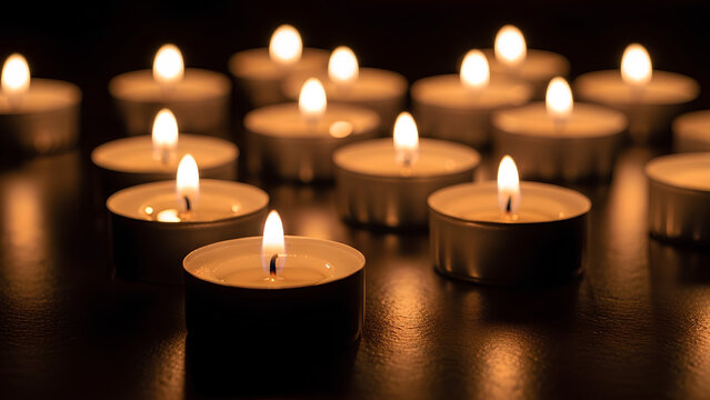 Multiple lit tea candles in a dark room create warm ambiance - Powered by Adobe