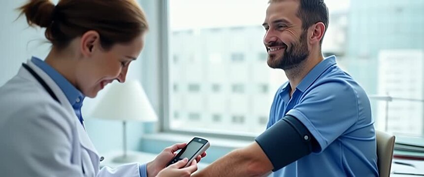 Professional interview video call with confident man on laptop, woman holding resume, camera gently panning in modern office, ambient light flickering, cinematic style.