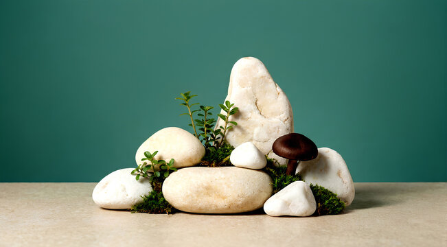 Komposisi still life batu putih bergaya zen yang disusun seimbang dengan lumut hijau, tanaman kecil, dan jamur di atas permukaan netral dengan latar belakang hijau lembut. Konsep ketenangan, keseimban