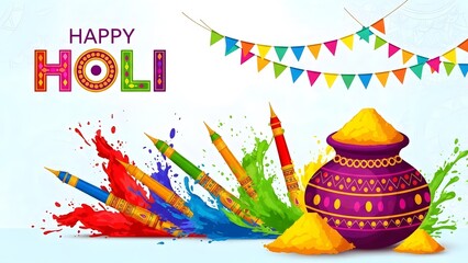 Festive happy holi illustration with colorful splashes baskets and decorative bunting for celebration