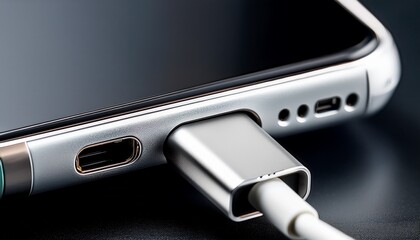 close up macro shot of smartphone charging cable connector plugging into device port