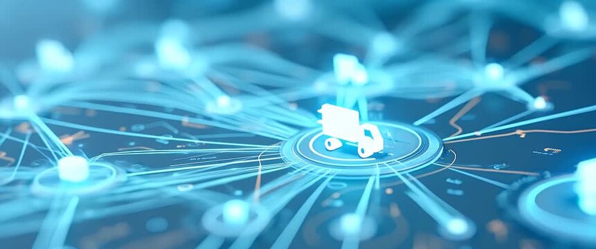 Futuristic supply chain network visualized with animated glowing icons, dynamic connections pulse gently; the camera slowly pans across this digital interface in a cinematic style.
