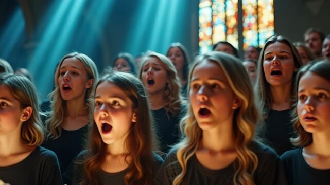 A youth choir of young girls singing a hymn in a church. Singers performing with devotion under dramatic god rays of light. Faith, worship, and spiritual music concept