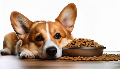a pembroke welsh corgi rests head near a full bowl of dry kibble use for pet food ads or to depict a dog s eating habits