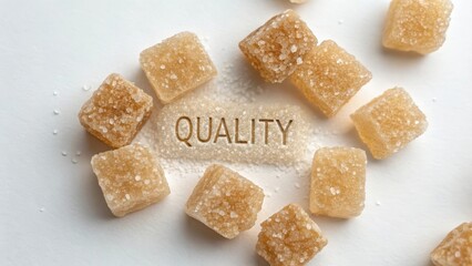 Close up of brown sugar cubes and granulated sugar labeled Quality