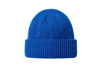Luxurious, highly detailed cable knit wool blend winter beanie hat in vibrant electric blue, isolated on a seamless transparent background with copy space. Concept of high-end product photography