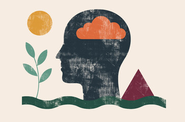 Creative abstract head silhouette with nature elements