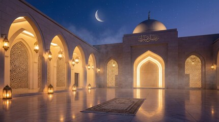 Beautiful view of an empty mosque courtyard at night illuminated by lanterns with a crescent moon in the starry sky and a prayer rug