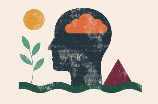 Creative abstract head silhouette with nature elements