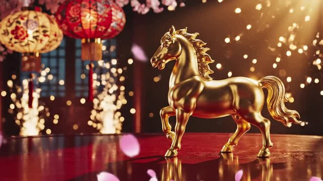 Golden Horse Statue with Lanterns and Cherry Blossoms.