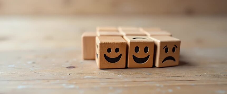 Wooden blocks with emoticon faces gently rotate on a rustic tabletop as the camera slowly pans, capturing the essence of emotion in a serene, cinematic style.