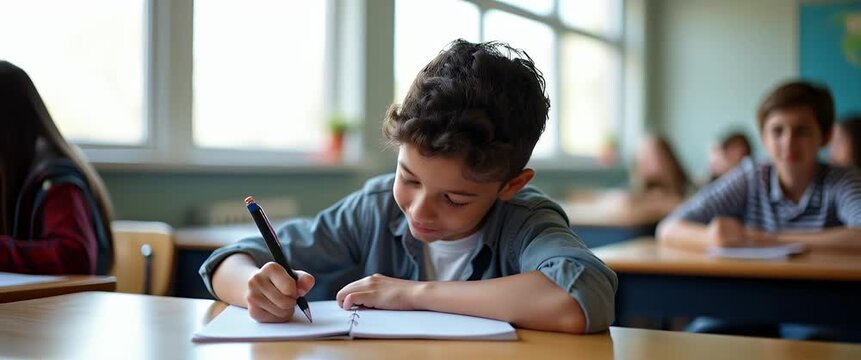 Young student writes attentively in a bright classroom as the camera gently pans, capturing a lively learning environment with classmates in the background, cinematic and engaging.