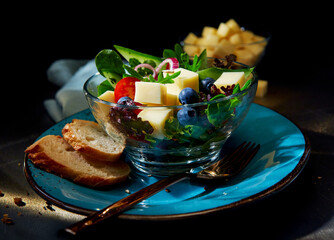 Salat mit K&auml;sew&uuml;rfel und Heidelbeeren mit Baguette in Glassch&uuml;ssel auf blauem Teller