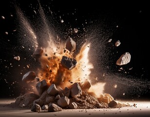 dynamic shot of exploding rock dust and debris against dark backdrop great for conveying themes of destruction power or transformative change