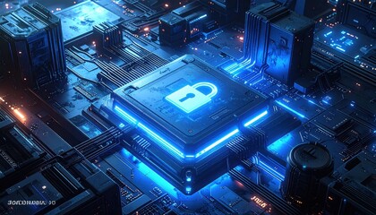 Glowing Lock Symbol Overlay on a Futuristic Computer Chip