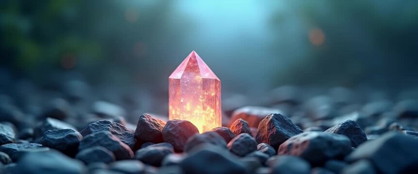 Luminous crystal glows softly amidst scattered stones, surrounded by gently swaying leaves, as the camera slowly pans in cinematic style, creating a mystical and tranquil ambiance.