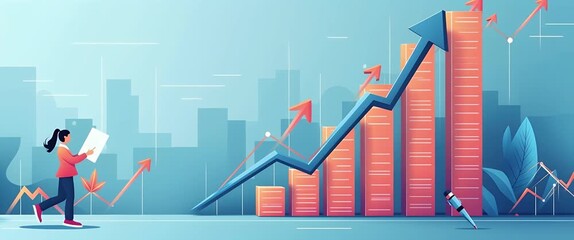 A woman studies financial growth charts as the camera slowly pans across a vibrant, futuristic cityscape with animated graphs rising, in a cinematic and dynamic business visualization. - Powered by Adobe