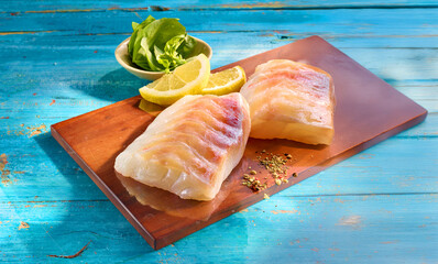 Wildlachsfilet  mit Zitrone Pfeffer und Salat auf feinem Holzbrett