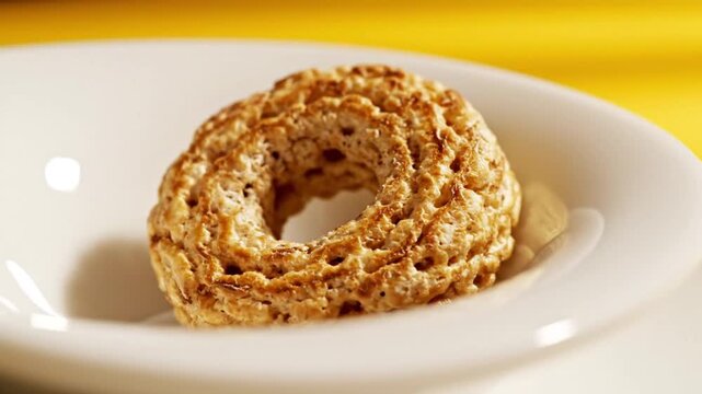 Macro shot of a single round savory cracker in a white bowl.