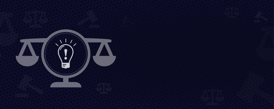 Intellectual property and patent law concept with lightbulb idea icon and scales of justice on dark blue background, copyright protection, professional vector with copy space