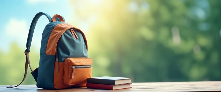 Colorful backpack and books on wooden table in serene outdoor setting, gentle breeze sways leaves, slow camera pan, soft sunlight creates warm, inviting ambiance, cinematic style.