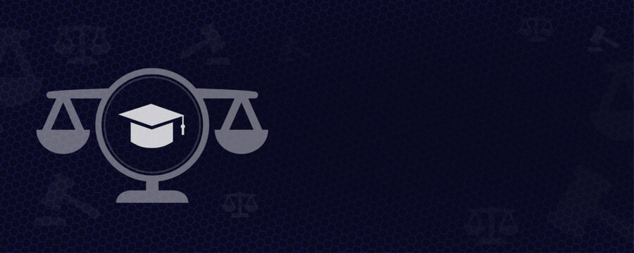 Education law and academic regulations concept with graduation cap icon and scales of justice on dark blue background, university policy and student rights, vector with copy space