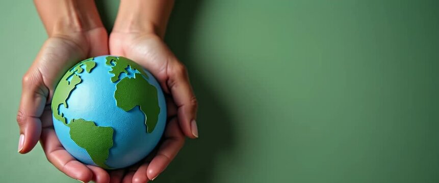 Hands cradle a small globe, symbolizing global unity and environmental care, with a slow pan and gentle ambient motion in a cinematic, eco-friendly scene.