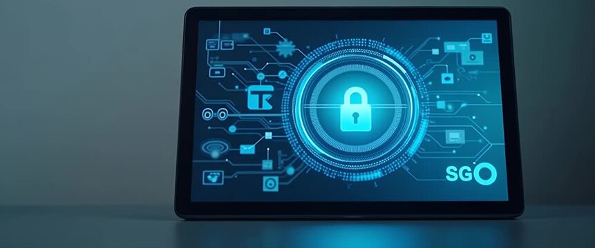 Tablet screen displaying cybersecurity lock icon with digital circuits, gentle ambient light flicker, and slow panning camera in a modern, cinematic style.