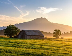 Fototapeta premium Serene Sunrise Over Rustic Barn Amidst Lush Green Fields and Mountains
