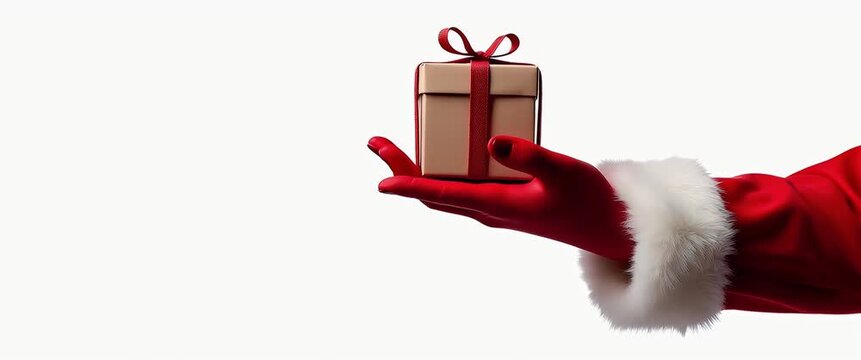 Santa Claus hand presenting isolated on white background joyful holiday spirit festive gift giving tradition symbol of Christmas and generosity concept as Santa Claus hand holding gifts against white 