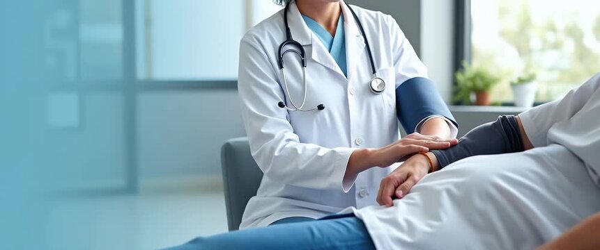A healthcare professional gently checks a patient's blood pressure in a serene medical office, with a slow camera pan capturing the calm ambiance and natural light in a cinematic style.