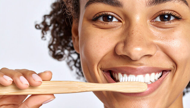 Mujer sonriendo mientras se cepilla los dientes con un cepillo ecol&oacute;gico en fondo azul limpio, concepto de higiene diaria, salud bucodental cl&iacute;nica dental y bienestar personal
