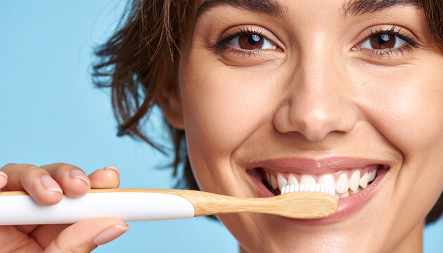 Mujer sonriendo mientras se cepilla los dientes con un cepillo ecol&oacute;gico en fondo azul limpio, concepto de higiene diaria, salud bucodental cl&iacute;nica dental y bienestar personal