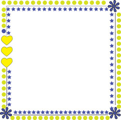 Obraz premium Colorful decorative square border frame with blue stars yellow hearts and lime green dots isolated on white background