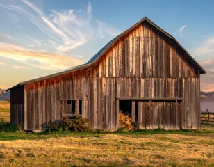 Obraz premium Rustic wooden barn under a colorful sky at sunrise in a meadow