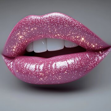 Luscious lips adorned with glitter shine brightly, showcasing artistry and vibrant color